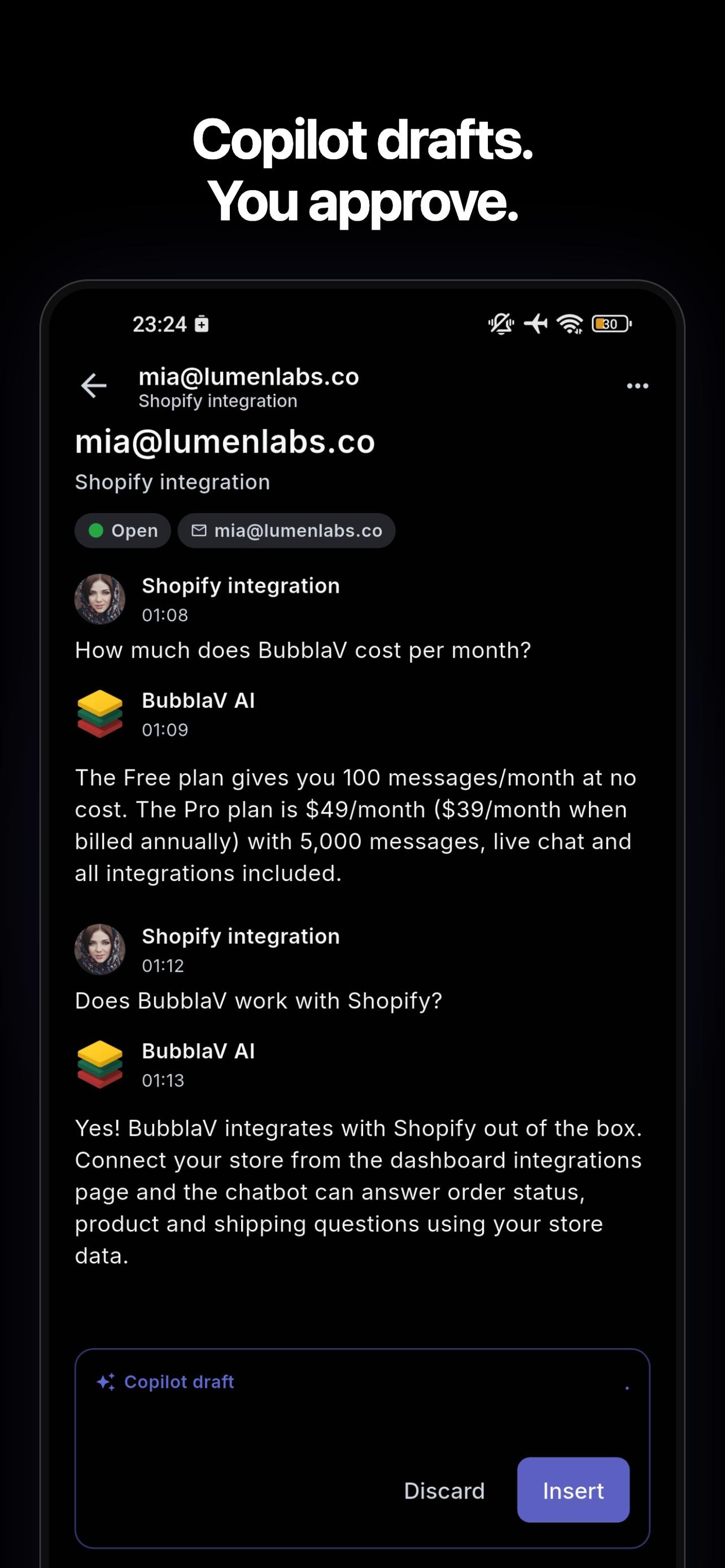 BubblaV mobile app — Copilot drafting a reply for your approval