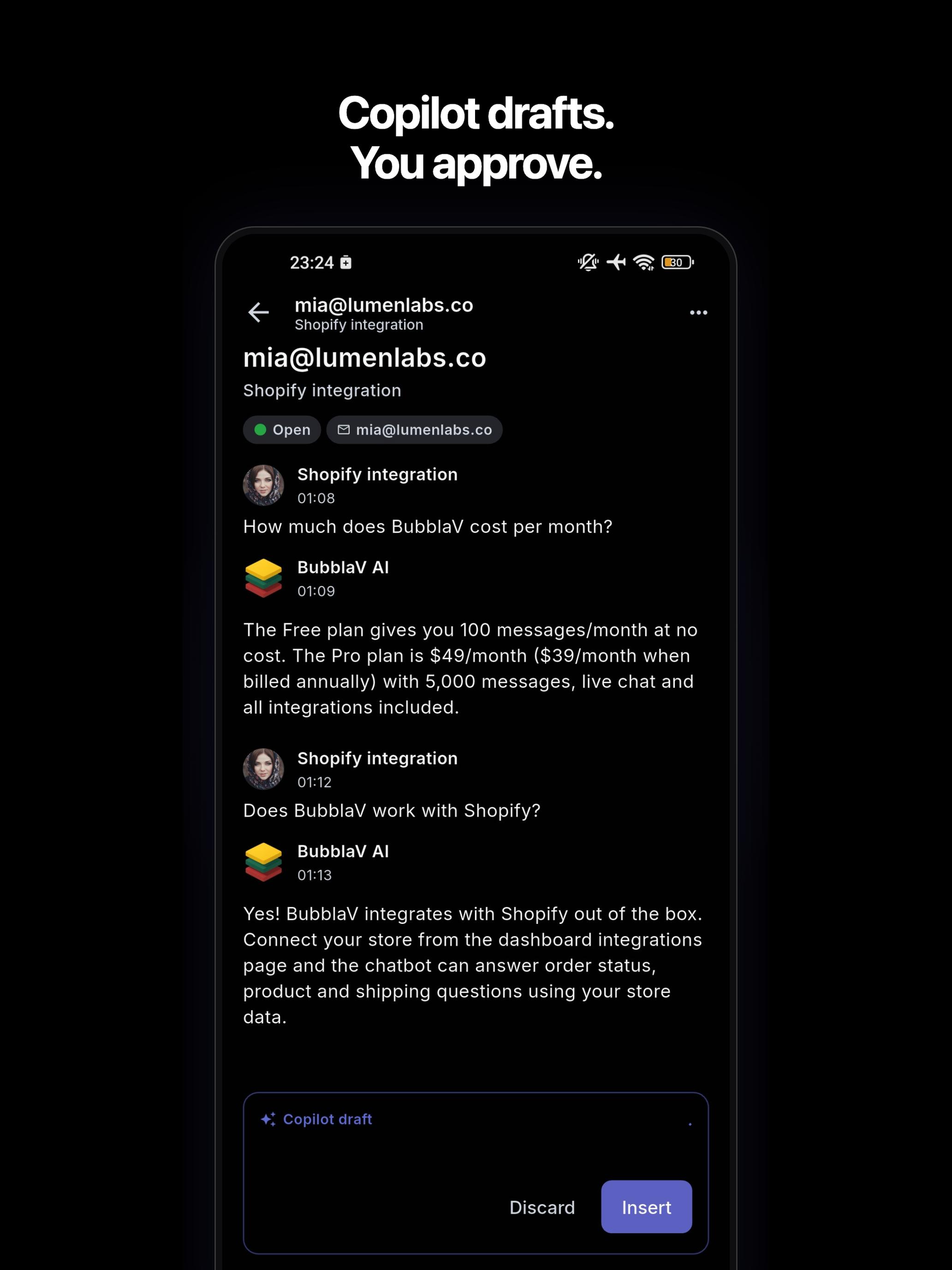BubblaV mobilapp — ett Copilot-utkast redo att infogas