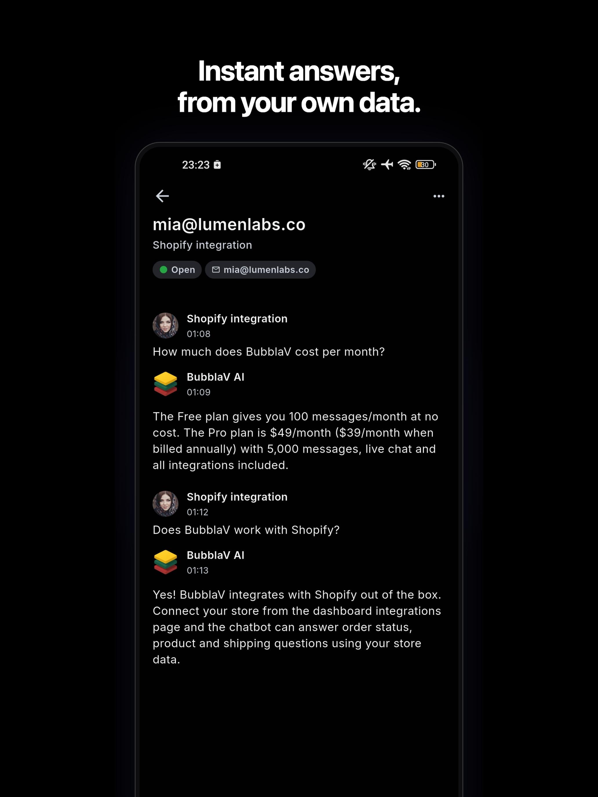 BubblaV mobilapp — AI-chattbotten som svarar från dina egna data