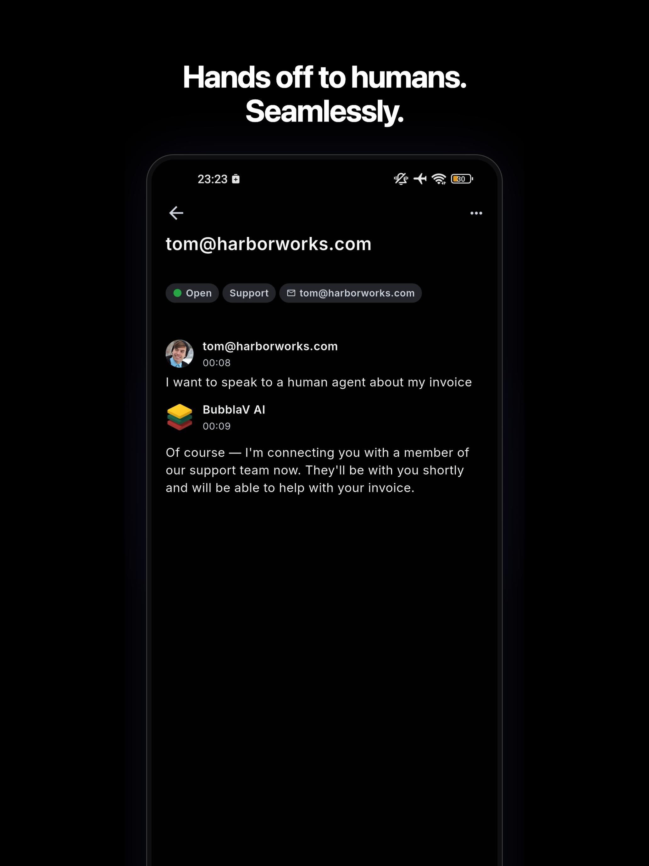 BubblaV mobilapp — en kund som överlämnats till en mänsklig medarbetare