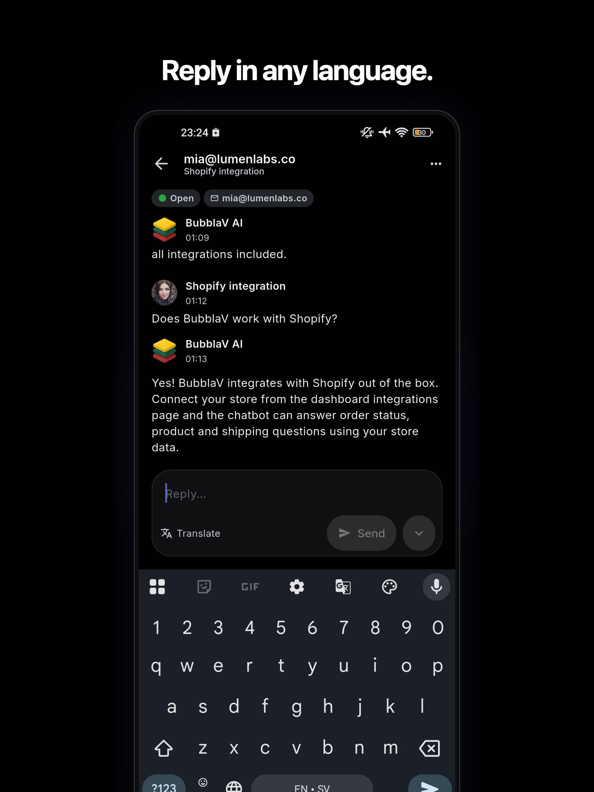 BubblaV mobilapp — översättning av ett svar innan det skickas