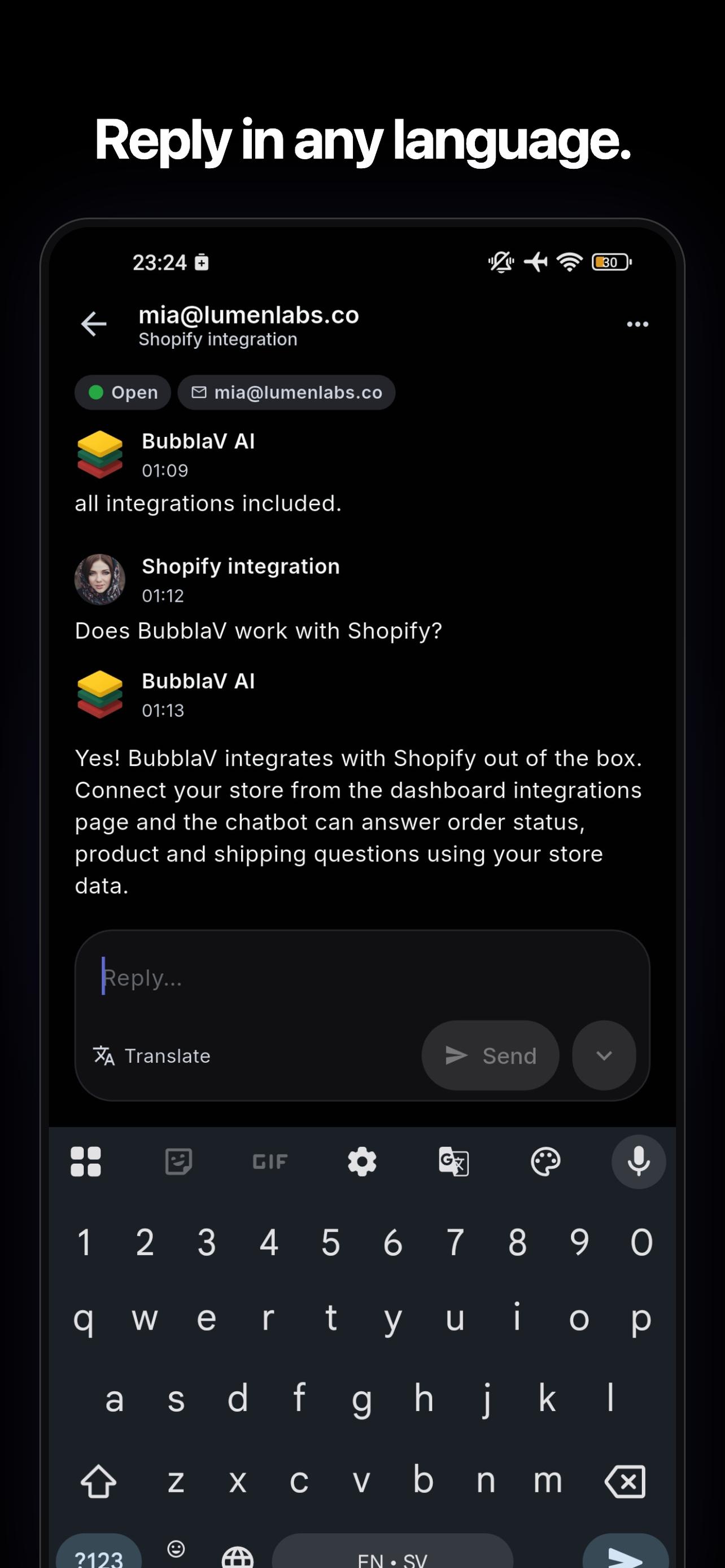 BubblaV mobile app — composing a live reply with built-in translation
